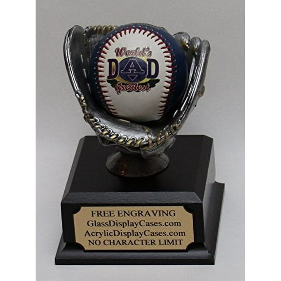 Baseball Personalized Display Stand With Silver & Gold Glove Ball Holder & Black Finish Wood Platform Base