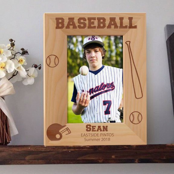Baseball Personalized Wooden Picture Frame 4" x 6" Brown (Vertical)