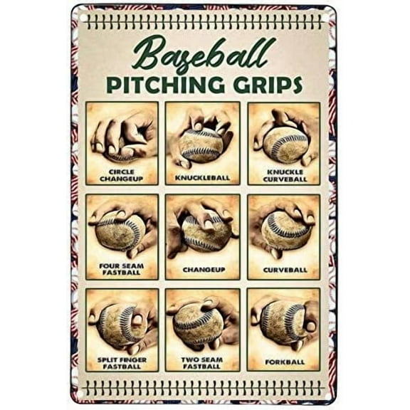 Baseball Pitching Grips Retro Metal Sign Tin Sign Retro Art Print Poster Decoration Bar Cafe Club Wall Plaque 12x8 Inches