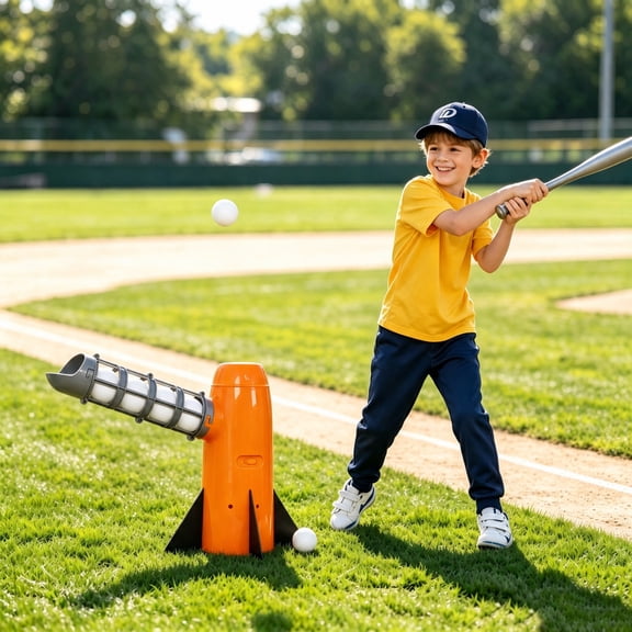 Baseball Pitching Machine, Automatic Pitch Launcher for Kids, Includes 5 Practice Balls, Develop HandEye Coordination, Great for Beginner Players Backyard Hitting Training