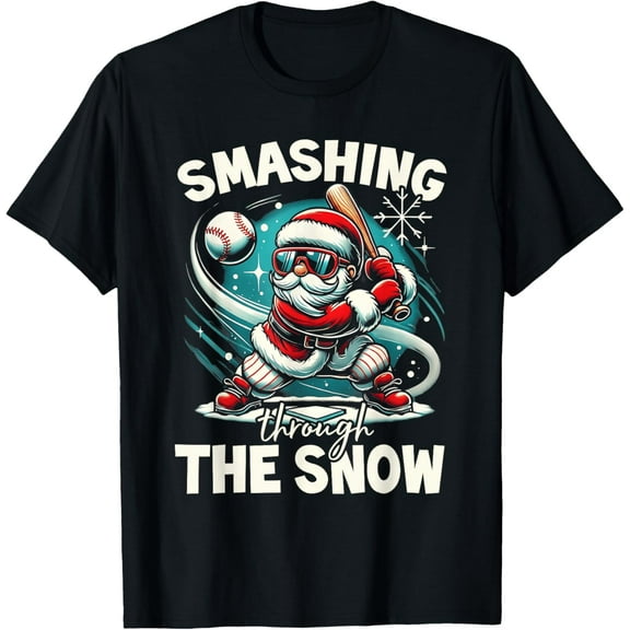 Baseball Player Christmas Santa, Smashing Through The Snow T-Shirt