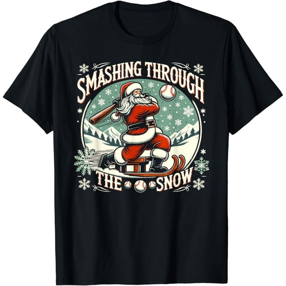 Baseball Player Santa, Smashing Through The Snow T-Shirt Tshirt All Size S-5XL