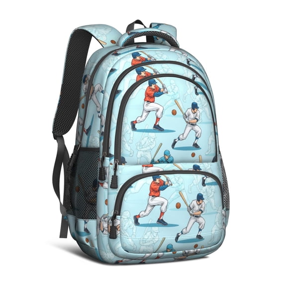 Baseball Players Light Cyan Pattern Backpack for School, Cute School Bag with Adjustable Shoulder Straps and Padded Back, 16.9"x12.6"x5.9"