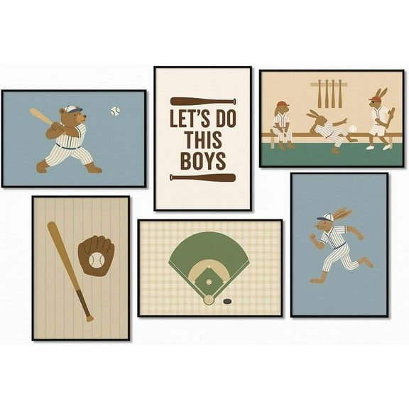 Baseball Poster Canvas, Baby Boy Sports Nursery Wall Art, Cute Animal Rabbit Bear Athletes Pictures, Let's Do This Boys Charming Quote Print, Kids Bedroom Baseball Field Art 8x12in Unframed