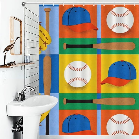 Baseball Print Shower Curtain Sports Style Bathroom Decor Shower Curtain 66inx72in(with 12 Hooks)