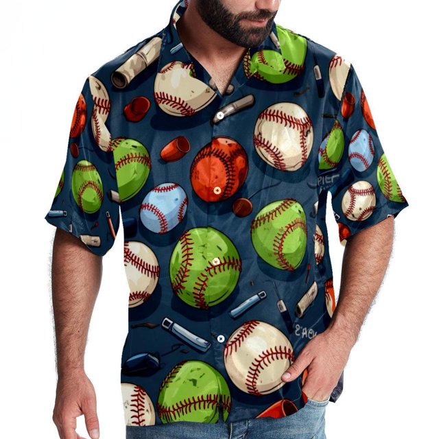 Baseball Prints Men Casual Button Down Shirts, Short Sleeve Shirt for