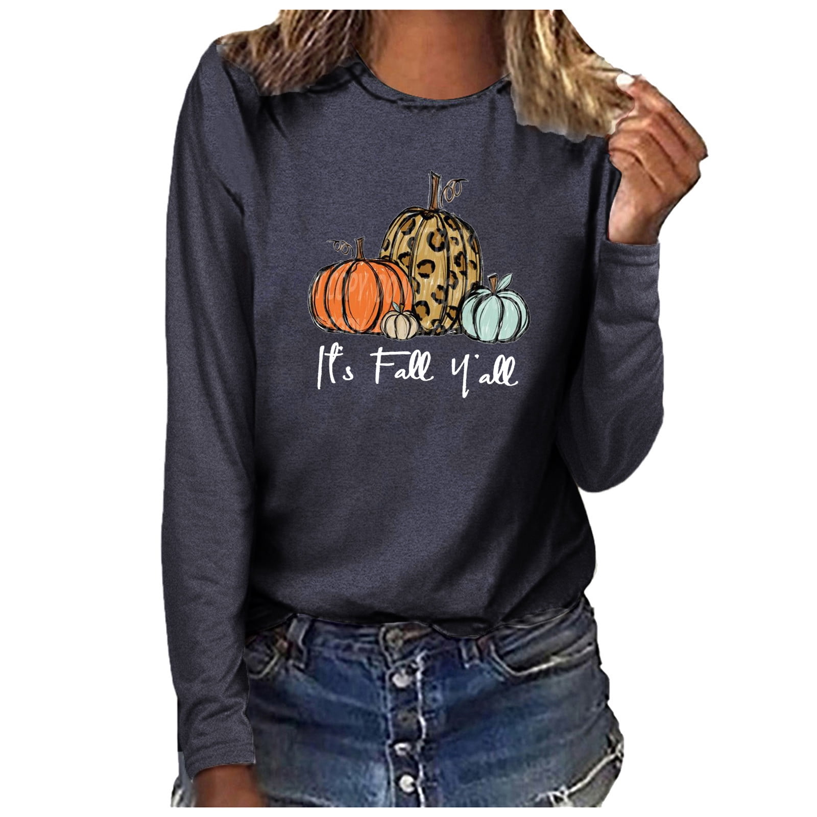 Thankful Grateful Blessed Pumpkin T-Shirt For Women - Long Sleeve Baseball Tee With Leopard Print Sleeves - View #8