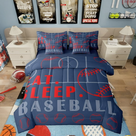 Baseball Queen Comforter Set with Sheets Sport Game Ball Theme Bed in a Bag Baseball Room Decor Bed Set Sports Bedding Sets Teen Sports Sheets 7 Pcs Navy Blue Red