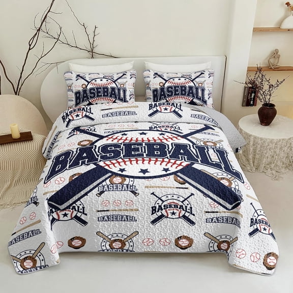 Baseball Quilt Set Full/Queen Size, Sports Bedspread Coverlet Set with 2 Pillowcases, Soft Lightweight All Seasons