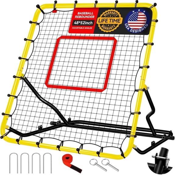 Baseball Rebound Net 48" x 52" Bounce Net with 3 Adjustable Angles, Anti-UV Easy Storage Baseball Fielding Trainer with 4 Stakes, Volleyball Softball Pitch Rebounder for Indoor Outdoor