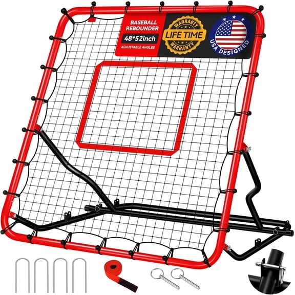 Baseball Rebound Net 48" x 52" Bounce Net with 3 Adjustable Angles, Anti-UV Easy Storage Baseball Fielding Trainer with 4 Stakes, Volleyball Softball Pitch Rebounder for Indoor Outdoor