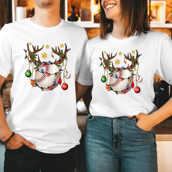 Baseball Reindeer Christmas Lights Ornaments Sports Celebration Gift Graphic T-Shirt