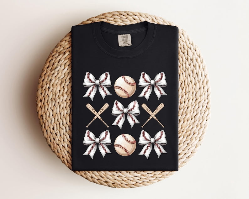 Baseball Ribbon Pattern T-Shirt, Retro Baseball Bow Bat Grid Graphic ...
