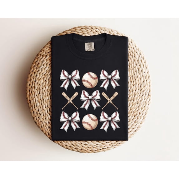 Baseball Ribbon Pattern T-Shirt, Retro Baseball Bow Bat Grid Graphic ...