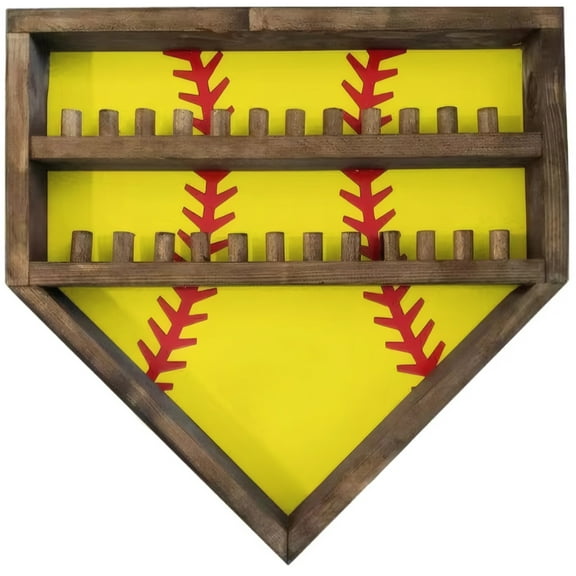 Baseball Ring Display Case, Wooden Championship Ring Holder, 14 x 14 x 1 Inches, Brown with Red Stitching, 3-Tier Design for 24 Rings, Ideal for Baseball, Softball, Basketball, Custom Engraving Option