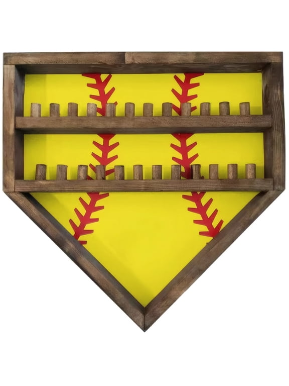 Baseball Ring Display Case, Wooden Championship Ring Holder, 14 x 14 x 1 Inches, Brown with Red Stitching, 3-Tier Design for 24 Rings, Ideal for Baseball, Softball, Basketball, Custom Engraving Option