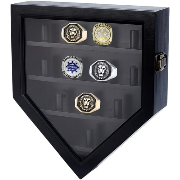 Baseball Ring Holder 12 Ring Posts Championship Ring Display Case Wooden Wall Mount Shadow Box Black Ring Organizer Display Stands for Collection Multiple Sports Champion Rings Black