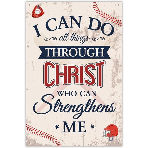 Baseball Room Decor for Boys, Sports Decor for Boys Bedroom "I Can Do All Things Through Christ" -Easy To Hang 11.8 X 7.8 Inch Baseball Tin Sign With Motivational Quote