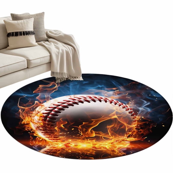 Baseball, Round Area Rug 4ft, Sports Theme Gradient Orange Blue Black Washable Non-Slip Circle Rugs for Bedroom Living Room Kitchen, Soft Non Shedding Circle Carpet for Dining Room Dorm