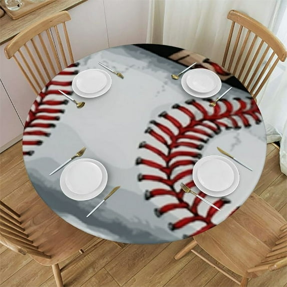 Baseball Round Fitted Tablecloth, Sport Ball Elastic Tablecloth for Round Tables, Waterproof Table Cover