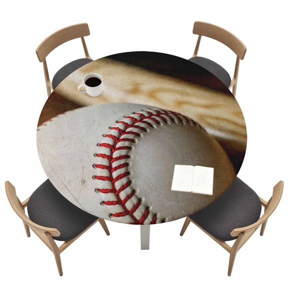Baseball Round Fitted Tablecloth with Elastic Edge Retro Sport Table Cover Fit for 45"-54" Tables Waterproof Tablecloths for Dinner Camping Picnic