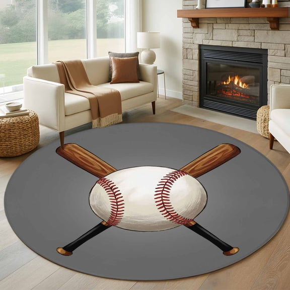 Baseball Round Living Room Rugs 6 ft, Sports Gray Background Cartoon Washable Area Rug with Non-Slip Sturdy Edge Binding Round Carpet for Kitchen Office Bedroom