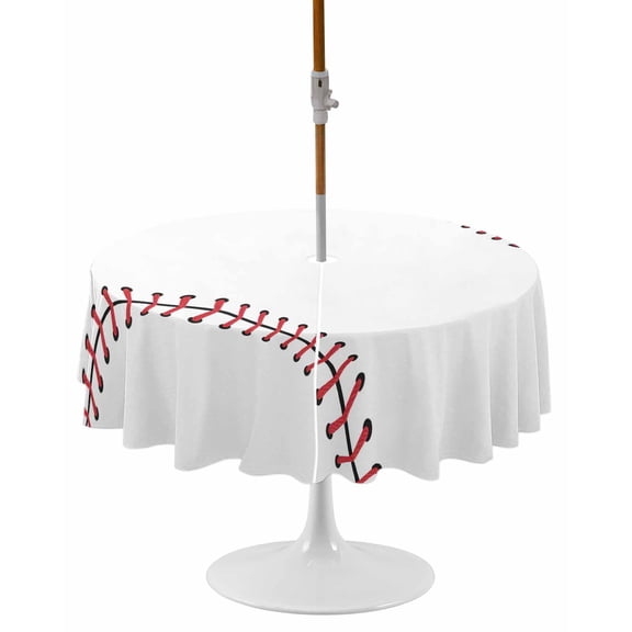 Baseball Round Outdoor Tablecloth, Waterproof Table Cloth Cover with Umbrella Hole and Zipper, Modern Minimalist Red Lines Table Protector for Patio Party Picnic 54" Round