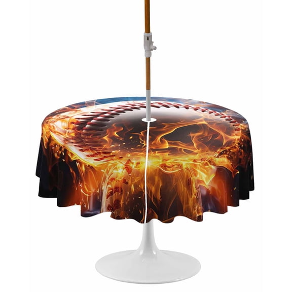 Baseball, Round Outdoor Tablecloth, Waterproof Table Cloth Cover with Umbrella Hole and Zipper, Sports Theme Gradient Orange Blue Black Table Protector for Patio Party Picnic 60" Round