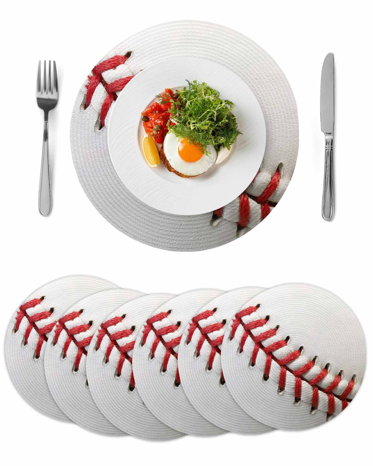 Baseball Round Placemats Set of 6 for Dinning Tables,Heat-proof Braided Table Mats 15 Inch,Red White Texture Sports Ball Minimalist Washable Place Mat for Kitchen Restaurant Party Decor Table Setting