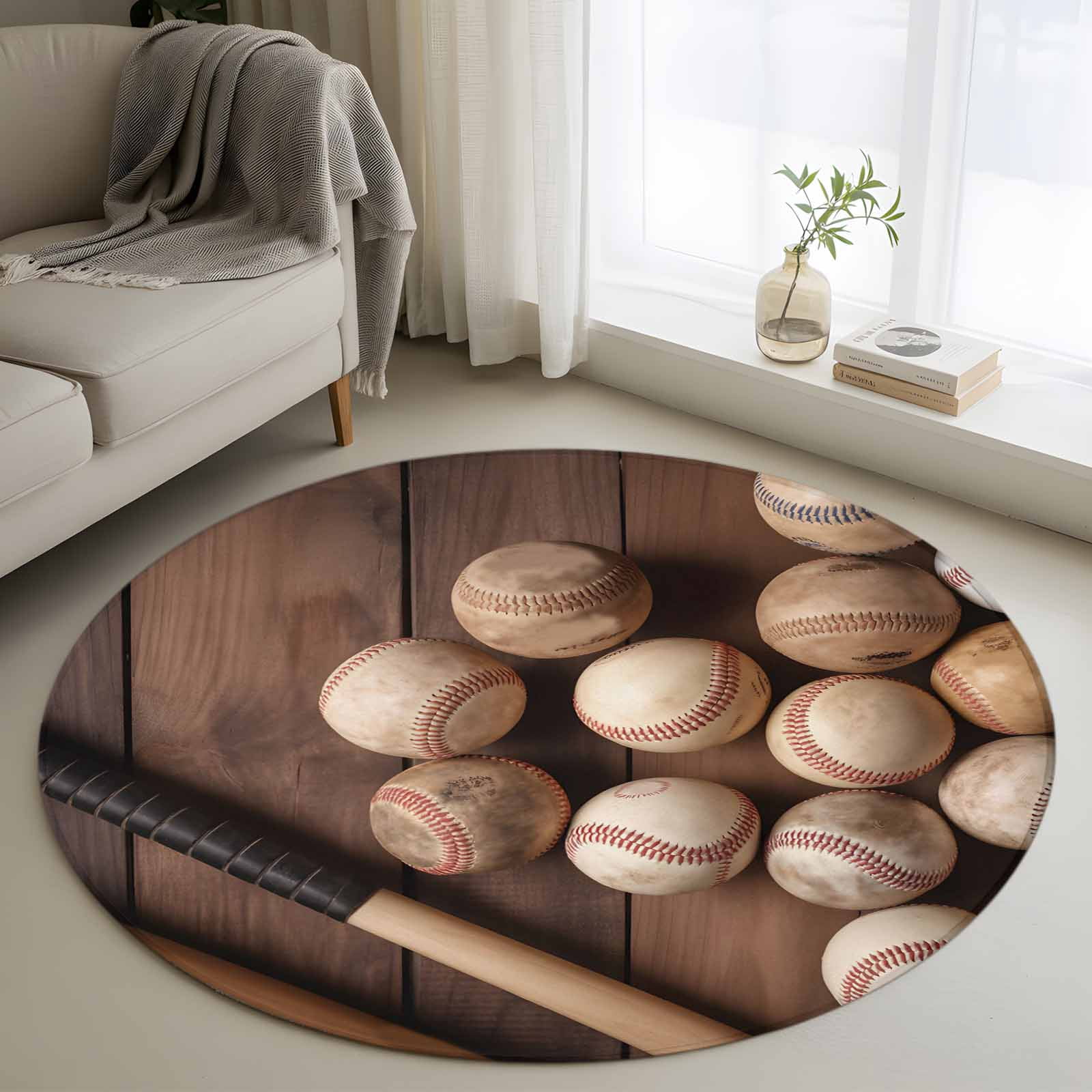 Homebase Rug Baseball Baseball Round Rug 4ft Washable Circle Entryway Rugs Non Slip Farmhouse ...