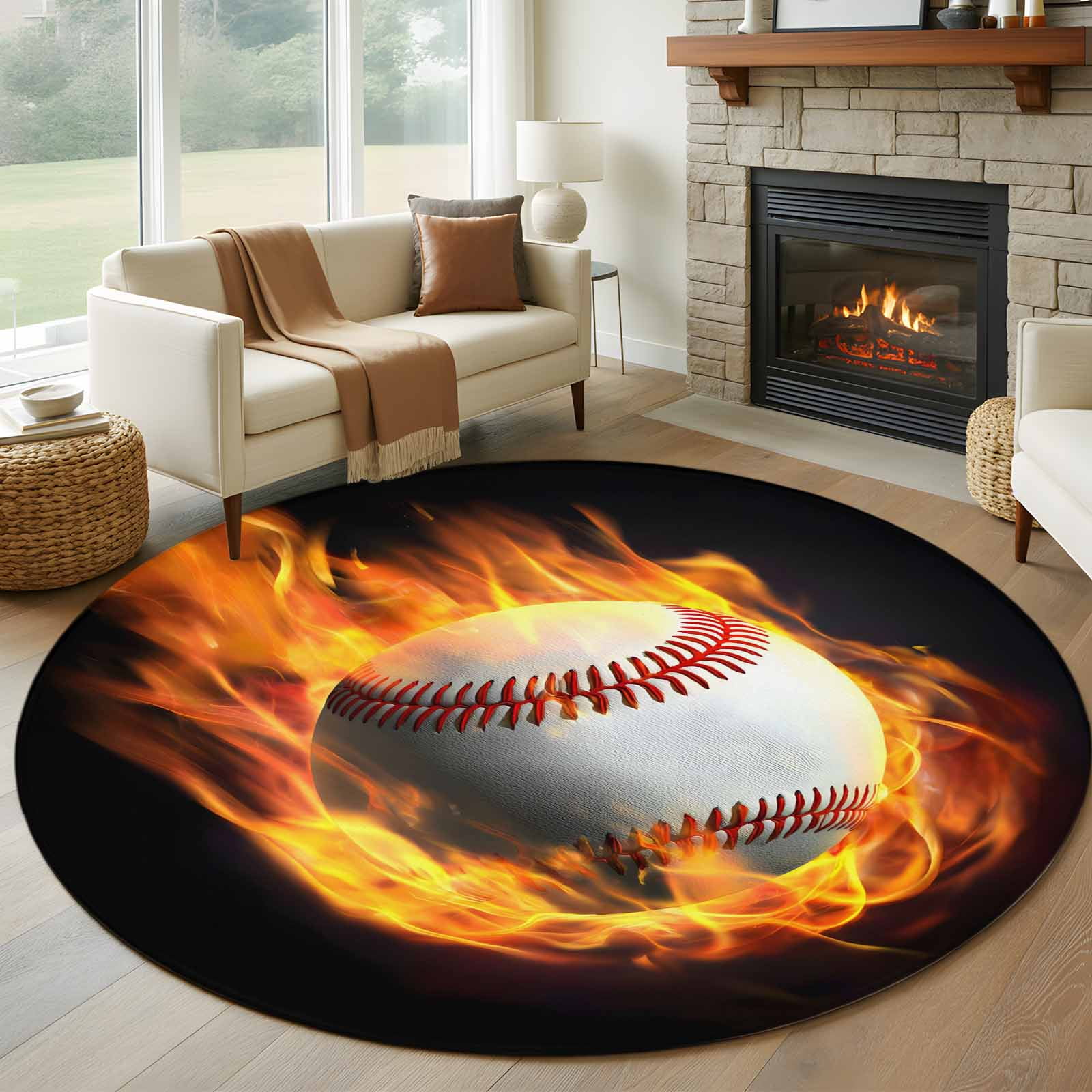 Baseball Round Rug 5ft Washable Circle Kitchen Rugs Non Slip Modern ...