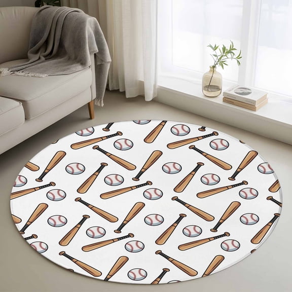Baseball Round Rugs for Living Room 3ft Retro Sports Style Baseball Bats Minimalist Modern Non Slip Circle Rug Washable Low-Profile Indoor Carpet for Bedroom, Dining Room, Bathroom
