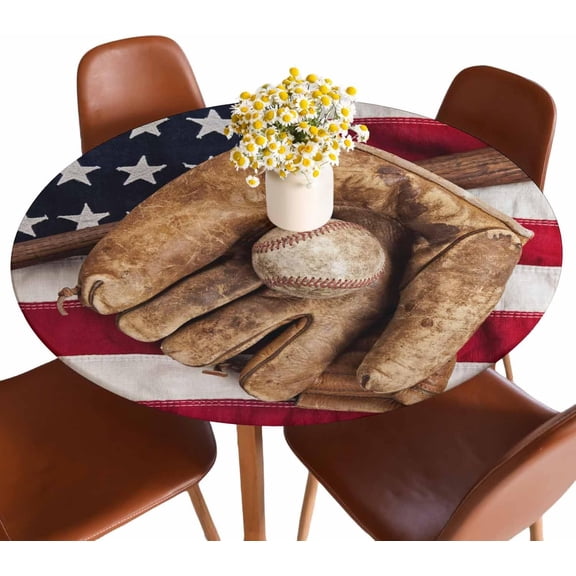 Baseball Round Table Cloth Cover American Flag Vintage Baseball Bat Glove Ball Tablecloth for Indoor Outdoor Picnic Party Fit for 40"-44" Round Tables