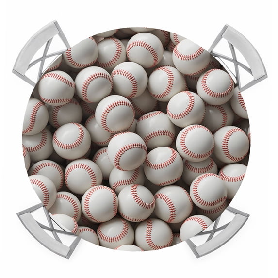 Baseball Round Tablecloth for 55-60 Inch Tables, Fitted Table Cover with Elastic Edge, White Red Art Sport Waterproof Outdoor Table Cloth Protector for Patio Garden Dinner Picnic