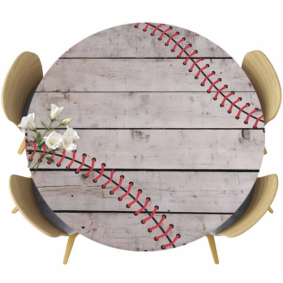 Baseball Round Tablecloth, Fitted Table Cover with Elastic for 36"-44" Round Tables, Vintage Wooden Shabby Art Table Cloth Outdoor Indoor Dinning Party Waterproof Tablecloths