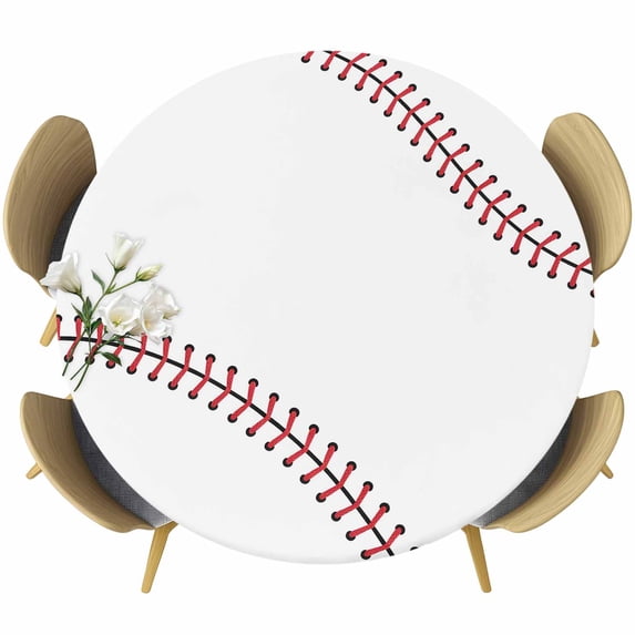 Baseball Round Tablecloth, Fitted Table Cover with Elastic for 55"-60" Round Tables, Modern Minimalist Red Lines Table Cloth Outdoor Indoor Dinning Party Waterproof Tablecloths