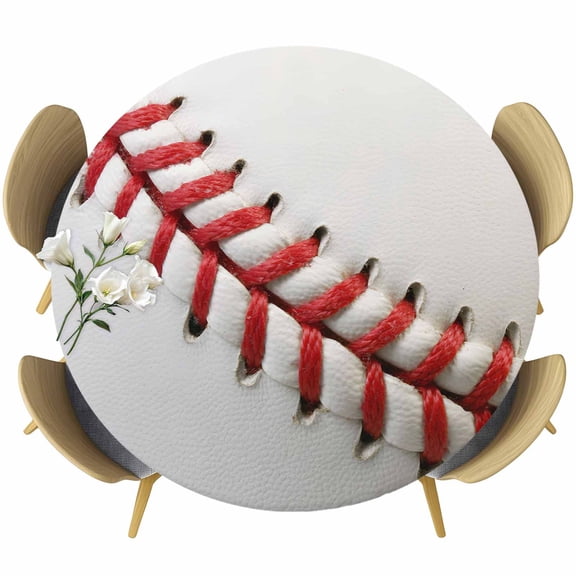 Baseball Round Tablecloth, Fitted Table Cover with Elastic for 55"-60" Round Tables, Red White Texture Sports Ball Minimalist Table Cloth Outdoor Indoor Dinning Party Waterproof Tablecloths