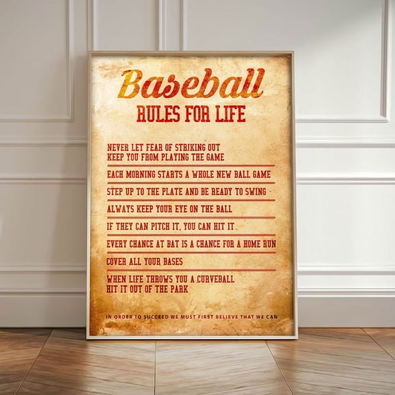 Baseball Rules For Life Vintage Baseball Sports Motivation Inspirational Quote Sign Poster Unframed Paper Print