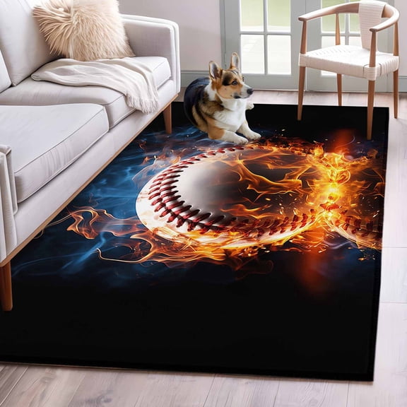 Baseball, Runner Rug 2.7x5 FT, Non Slip Entryway Carpet, Sports Theme Gradient Orange Blue Black Washable Soft Floor Carpet Entrance Mat Non-Shedding Throw Rug for Hallway Laundry Room Bedside
