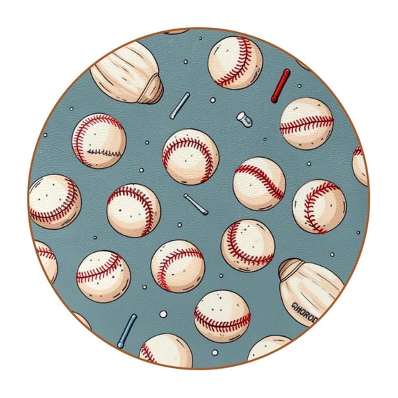 Baseball Set of 6 Round Microfiber Leather Coasters, 11x11 cm/4.3x4.3 in, Stain Drink Mats for Home and Office