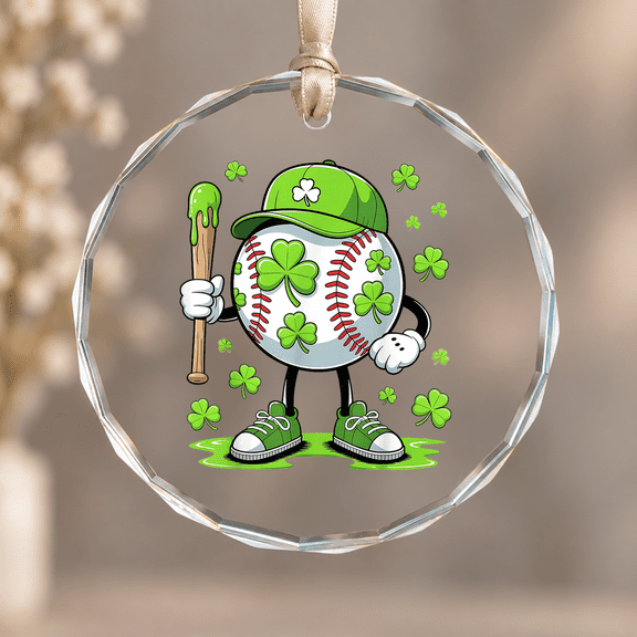 Baseball Shamrock Irish St Patricks Christmas Ornament, Sports Fan Holiday Gift, Circle Glass Ornament