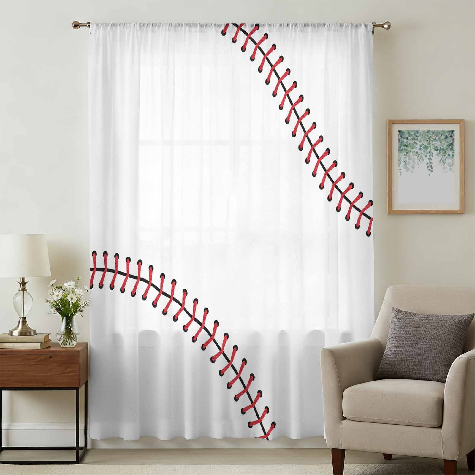 Baseball Sheer Curtains 72 Inches Long, Modern Minimalist Red Lines ...