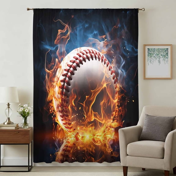 Baseball, Sheer Curtains 72 Inches Long, Sports Theme Gradient Orange Blue Black Light Filering Curtains, Breathable Simi Curtain Privacy Drapes for Living Room Bedroom Lightweight Window Treatment