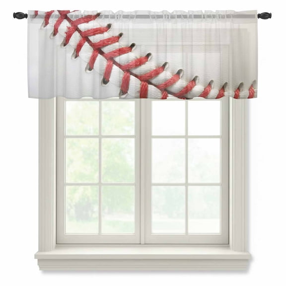 Baseball Sheer Curtains Valances for Windows Red White Texture Sports Ball Minimalist Chiffon Kitchen Valances for Cafe, Rod Pocket Voile Window Treatments Curtains for Living Room Bedroom, 42"x12"