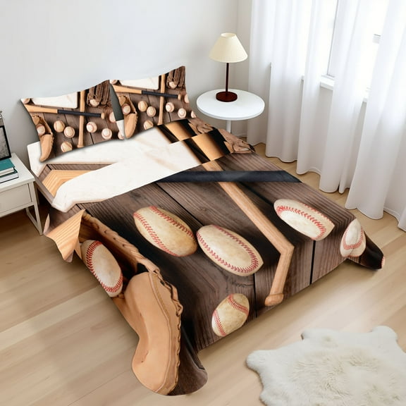Ambesonne Baseball Fitted & Top Sheet Set with Shams, Rustic Style Sports Themed, Brown and Pale Brown