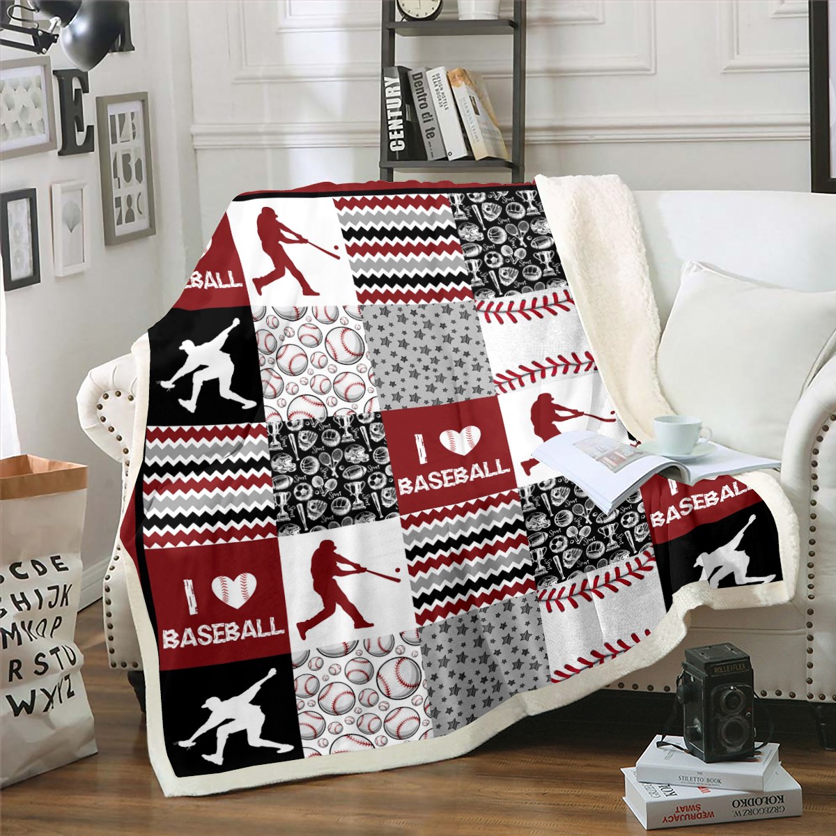 Baseball Sherpa Blanket Boys Girls Sports Blanket, Red Black White Grey