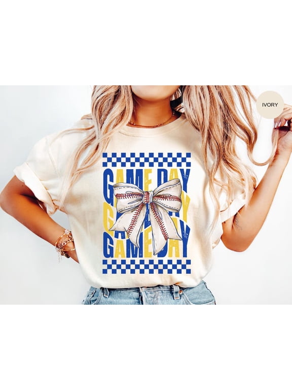 Baseball Shirt, Gameday Royal Blue/Yellow Tshirt, Coquette Bow, Baseball Fan T Shirt, Baseball Mom Mama Gift, Girly T-shirt