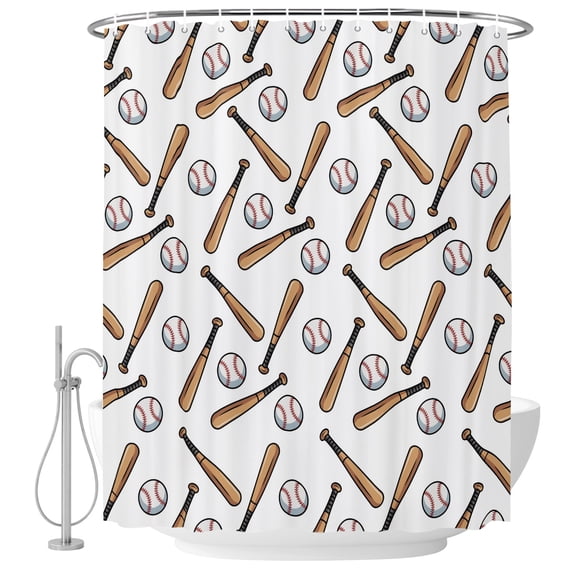 Baseball Shower Curtain for Bathroom, Retro Sports Style Baseball Bats Minimalist Modern Waterproof Cloth Fabric Bathroom Accessories Set with 12 Rust Proof Plastic Hooks, 72"x78"