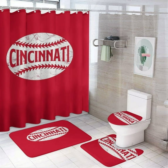Baseball Shower Curtain Set Modern Bathroom Decor Mats 4pcs Fabric Bathroom Curtain Slip Floor Rug Toilet Lid