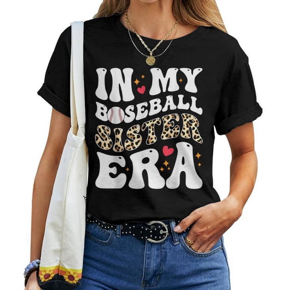In My Baseball Sister Era Leopard Print Graphic Tee Unisex Adult Cotton Cool Baseball Theme Gift for Women Casual Game Day Sports T-Shirt, Size 4XL, Color Black